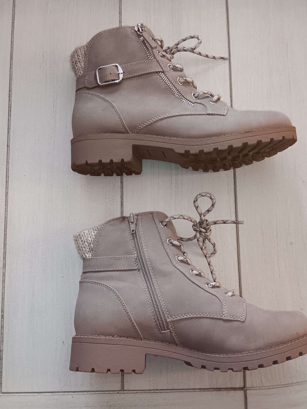 Jellypop Taupe Lace-Up Knit Collar Ankle Boots